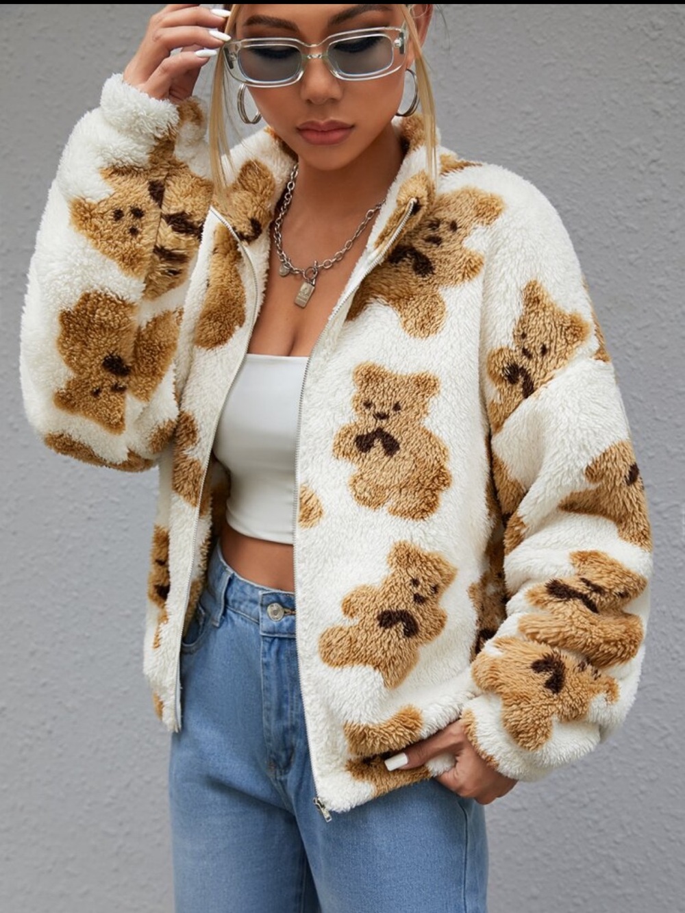 SHEIN Cream Teddy Bear Print Soft Zip Jacket